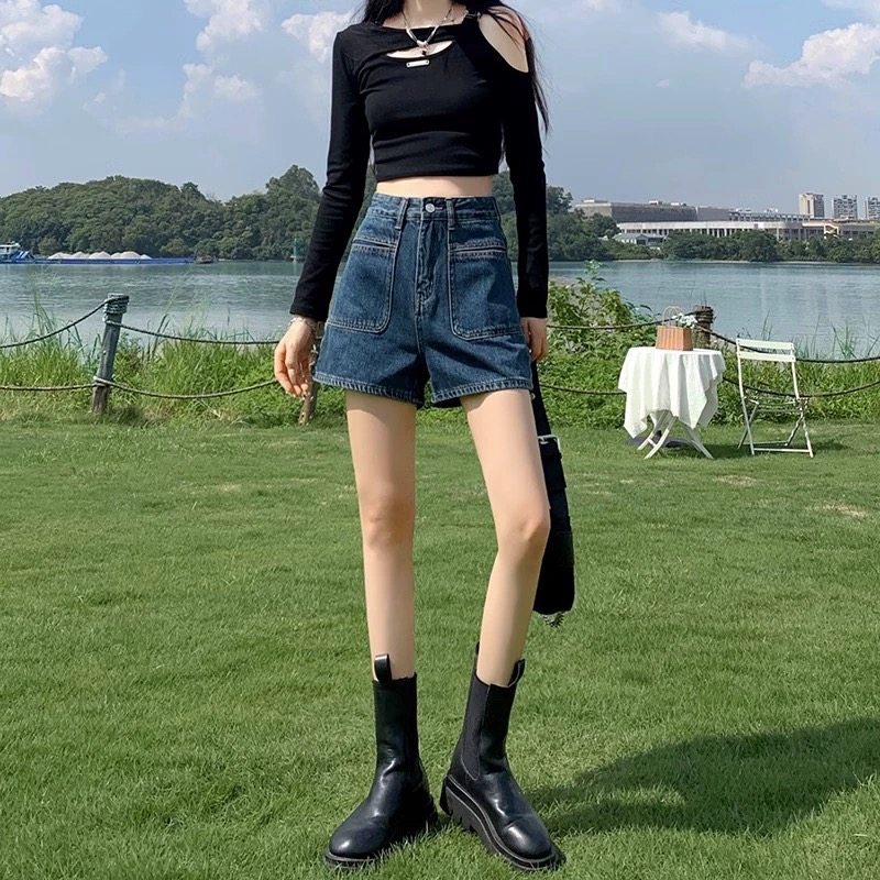 深蓝色高腰牛仔短裤女秋季秋冬2025年宽松显瘦a字设计感热裤子