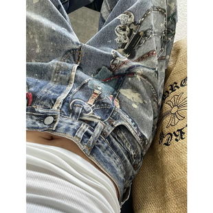 AC风格3D打印链条泼墨牛仔裤男女秋冬春季2026美式宽松休闲阔腿裤