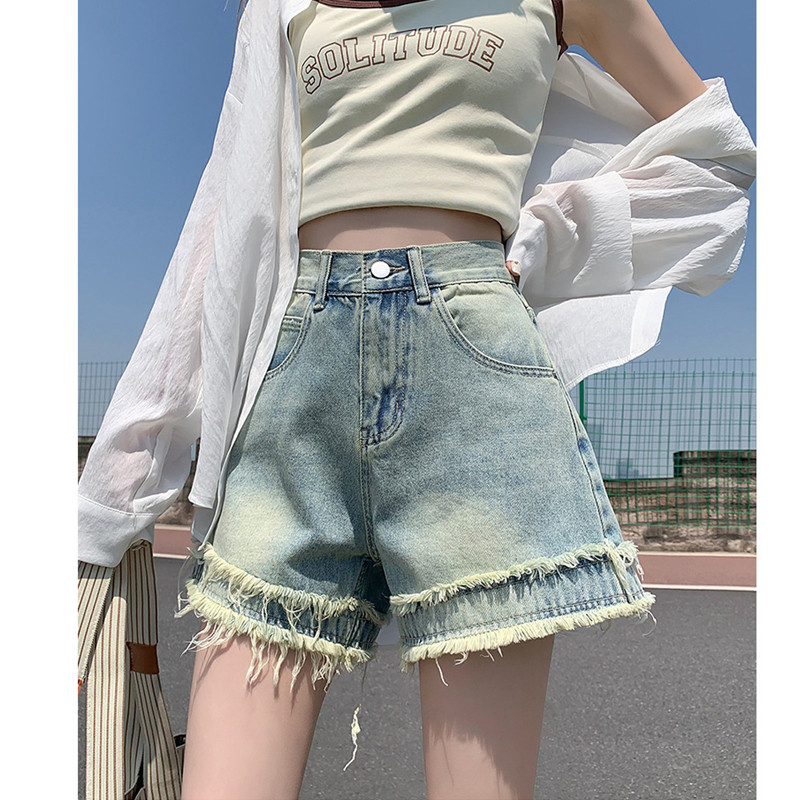 高腰牛仔短裤女阔腿a字流苏毛边