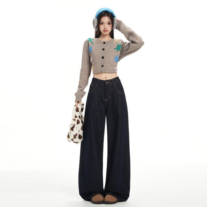 丹宁宽松阔腿牛仔裤直筒拖地