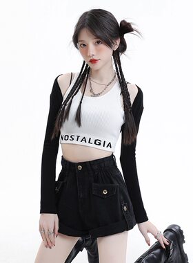 黑色卷边牛仔短裤女直筒阔腿热裤