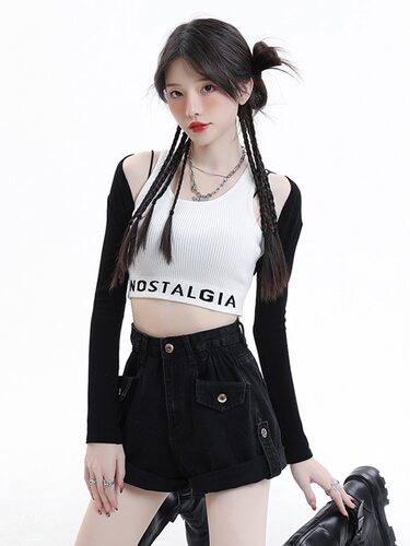 黑色卷边牛仔短裤女直筒阔腿热裤