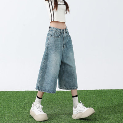 阔腿七分牛仔裤女百搭五分中裤子