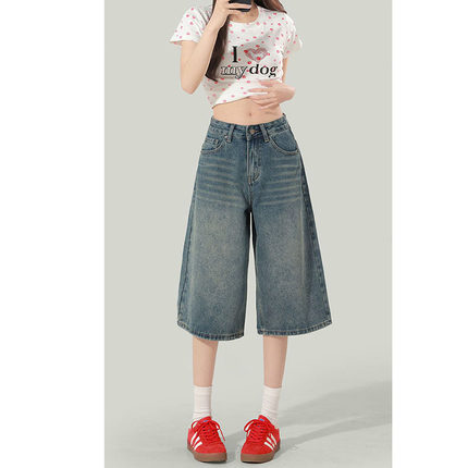 复古七分牛仔短裤女秋冬春季2026新款小个子宽松直筒阔腿7分热裤