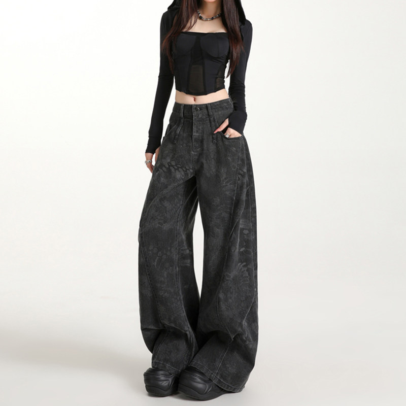 黑灰色阔腿牛仔裤女加绒秋冬2025新款高腰宽松垂感工装直筒弯刀裤,女装/女士精品,牛仔裤,淘宝优惠券,粉丝福利购,淘宝优惠卷