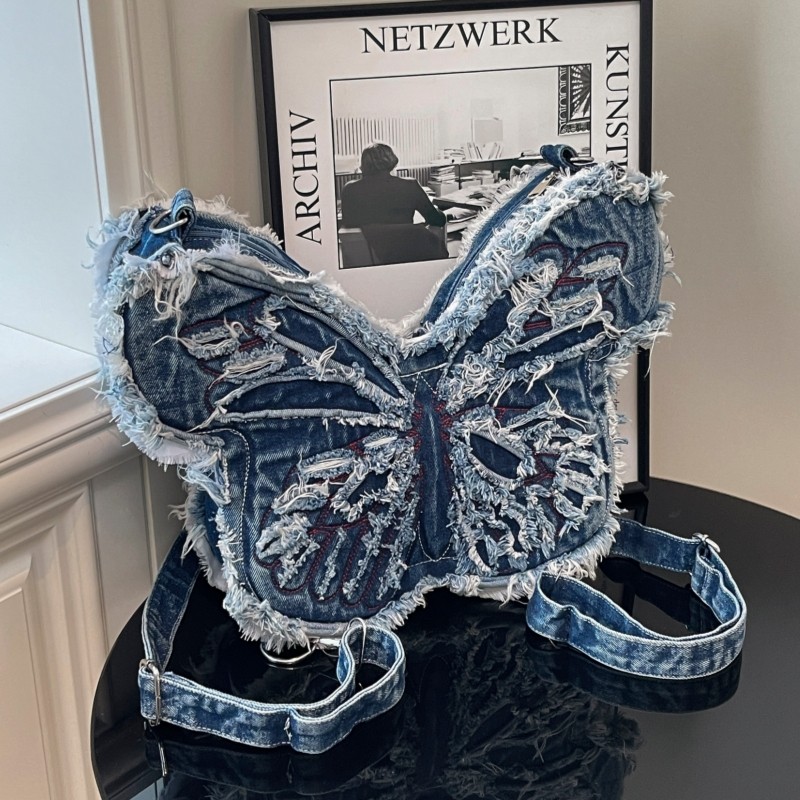 2025韩系刺绣蝴蝶文艺牛仔布单肩斜挎包小众设计时尚百搭双肩背包