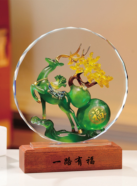 八方来财水晶招财摆件一路有福鹿葫芦家居装饰品礼盒装工艺品