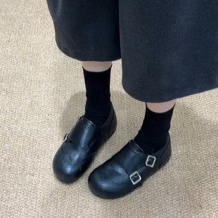 女双扣带低跟一脚蹬小皮鞋 牛皮版 英伦风加绒布洛克雕花勃肯鞋