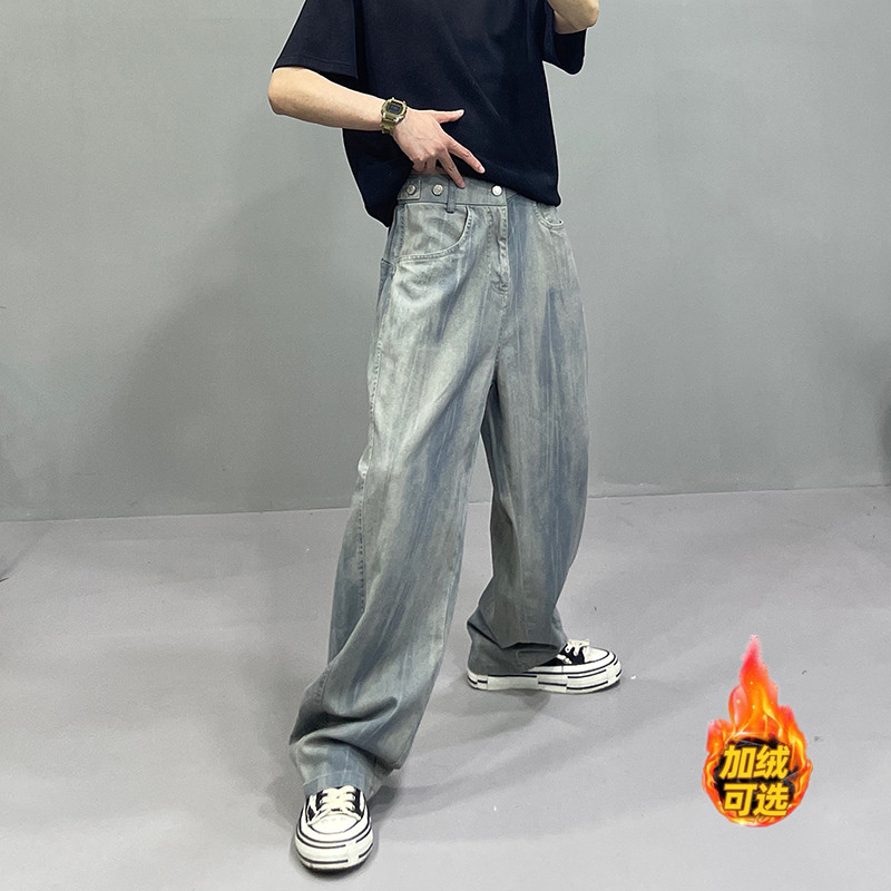 秋冬加绒复古扎染宽松直筒牛仔裤
