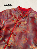 全螺钿真丝交织酒红色女童喇叭袖 福禄醒狮 旗袍连衣裙拜年服