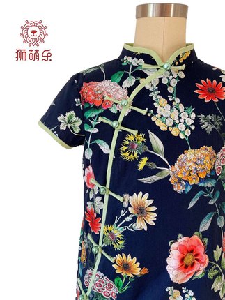 狮萌乐设计师品牌原创设计女童高支棉短袖旗袍连衣裙中国风花卉