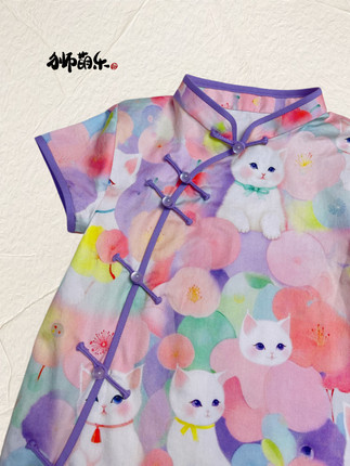 【绯色猫朵】软萌猫咪纯棉短袖女童旗袍连衣裙手工盘扣全开襟