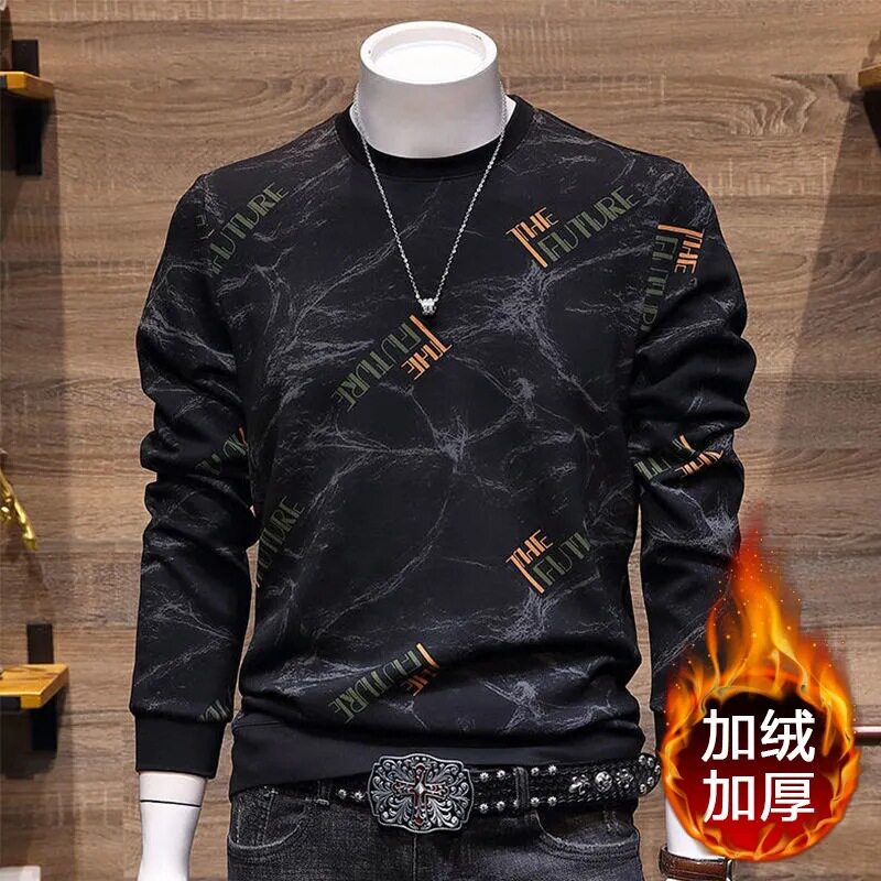 加绒秋季卫衣男新款韩版潮流修身圆领套头百搭拼色印花外套男