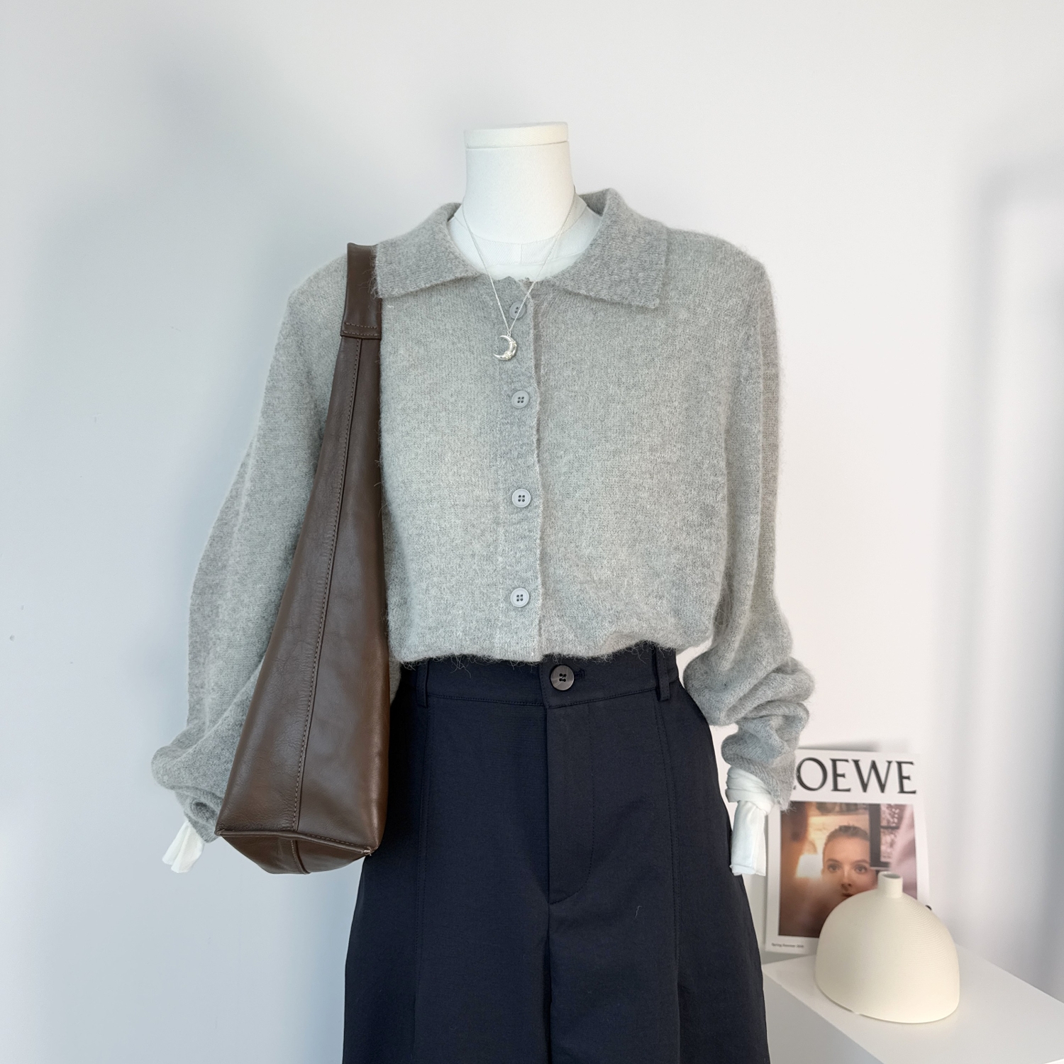 翻领针织开衫女羊毛灰毛衣外套