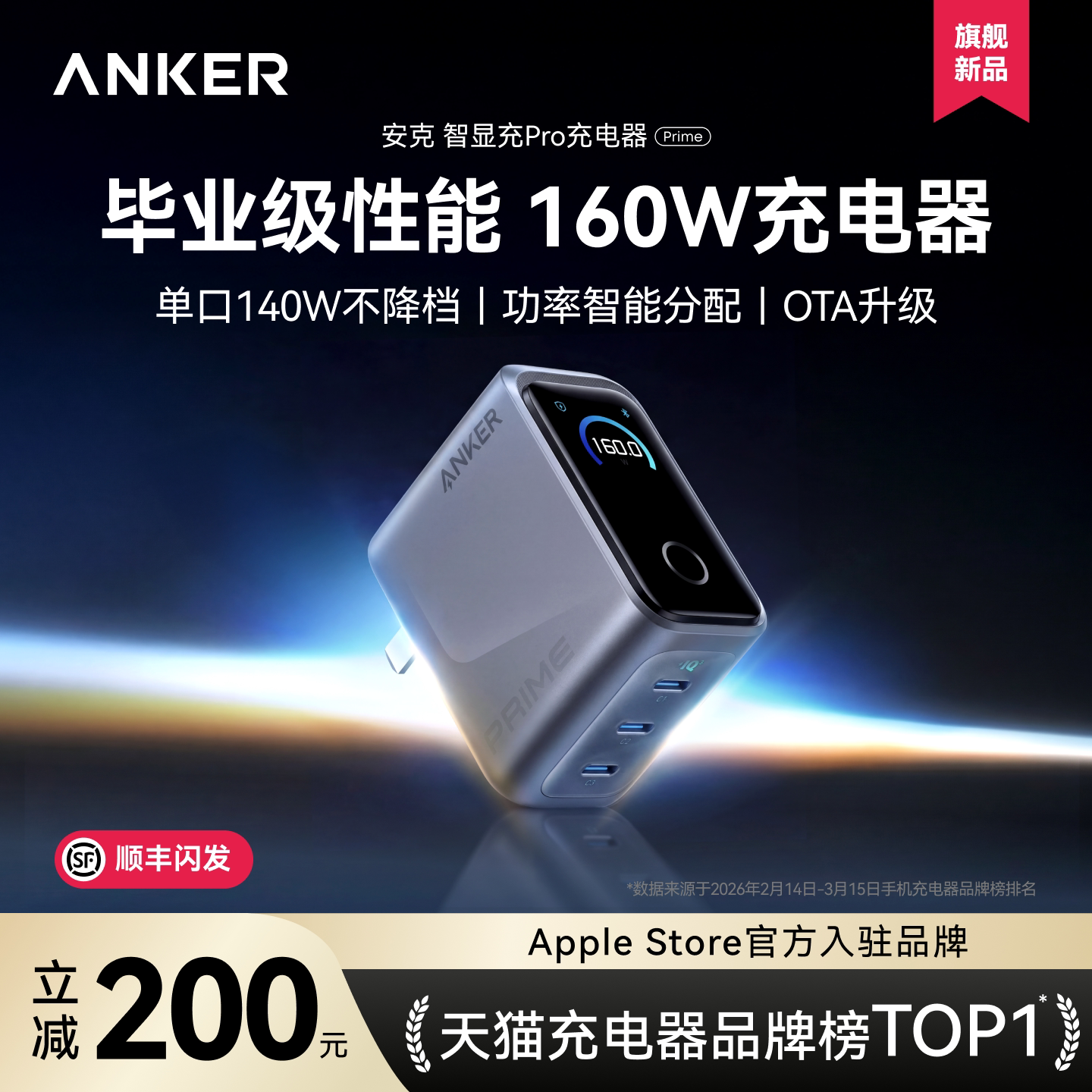 Anker Prime安克160W智显充Pro+全协议氮化镓充电头多口快充PD3.1适用苹果17华为小米MacBook笔记本充电器