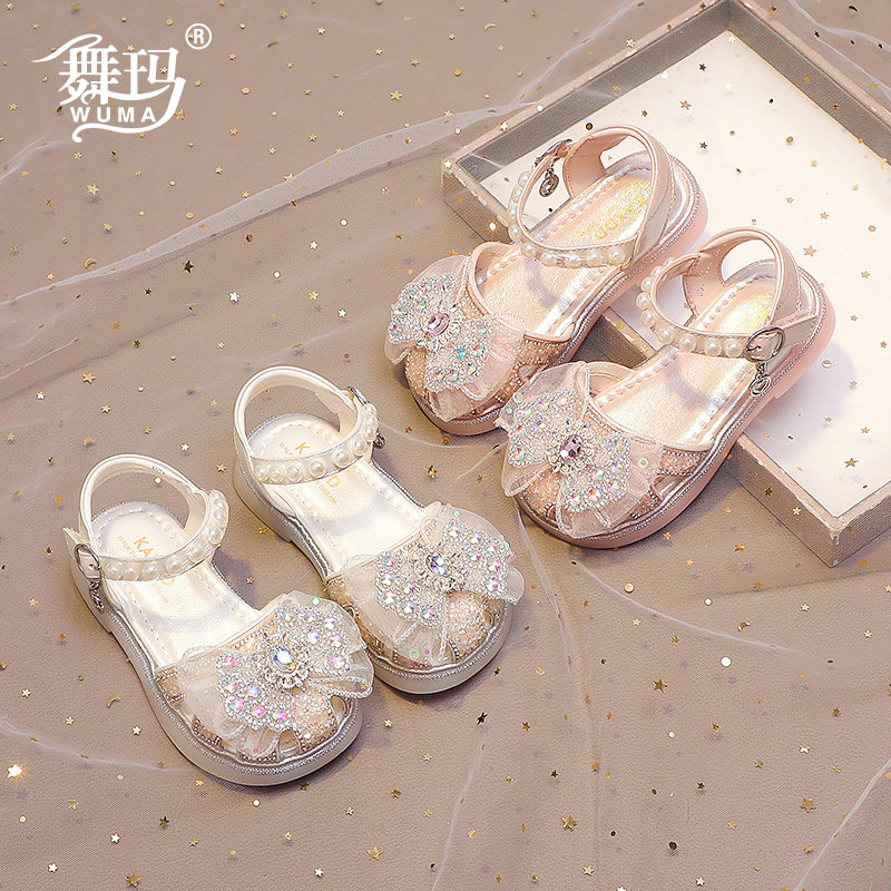 舞玛女童凉鞋2026夏季新款网纱水钻包头珍珠软底公主鞋女孩77301图片