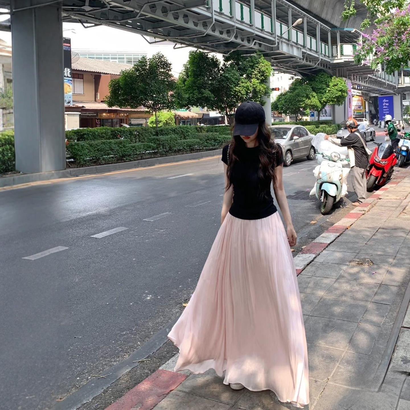今年流行的爆款流光纱粉色半身裙女大码胖mm夏季新款高腰a字伞裙