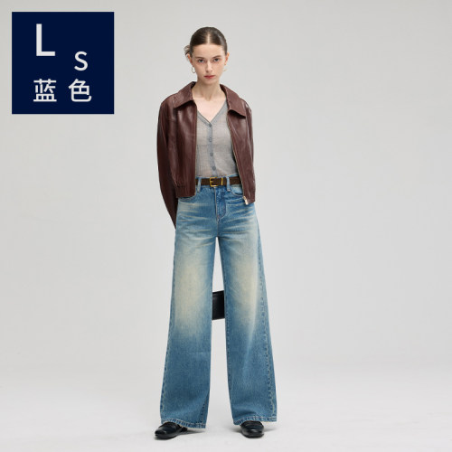 Ls蓝色3115女士牛仔裤全棉面料复古渐变水洗显瘦阔腿长裤拖地裤女