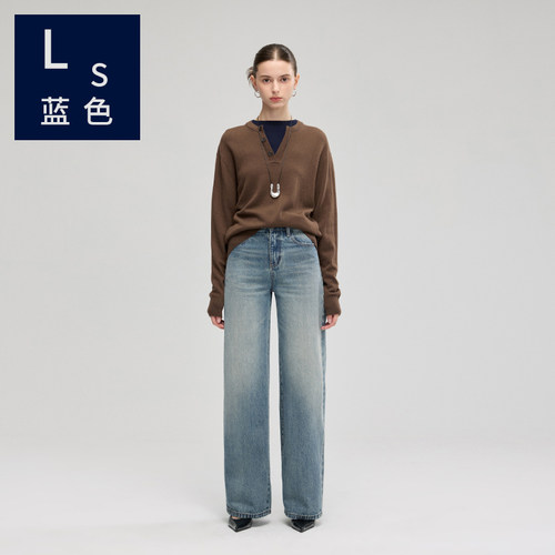 Ls蓝色3113女士牛仔裤复古重磅水洗垂感宽松显瘦阔腿裤拖地长裤女