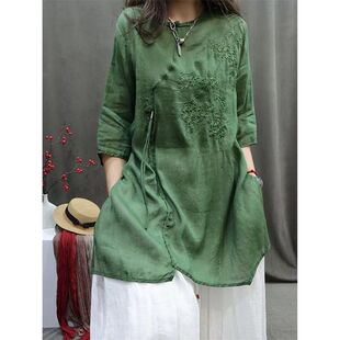 国风盘扣刺绣中长款衬衫女士夏季新款中老年妈妈宽松茶服上衣百搭