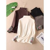 双面德绒打底衫 女百搭秋冬半高领洋气刺绣显瘦保暖内搭长袖 女T恤