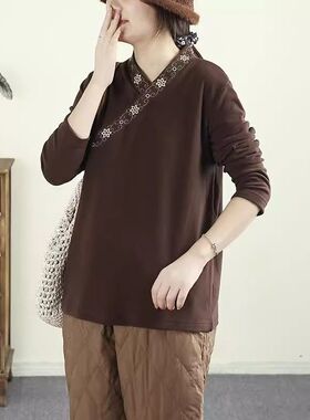 秋冬新款V领双面德绒百搭打底衫上衣复古此次中式小衫长袖T恤女士