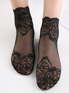 2-5双夏季中筒蕾丝袜子玫瑰女士日韩系花边短袜透气薄船袜女棉底