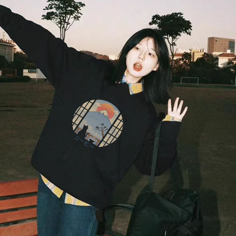 富士山的咖啡猫印花圆领卫衣情侣装潮流休闲韩版长袖小众宽松上衣