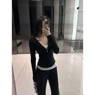 5werkwen lulu毛衣外套针织开衫女黑色V领短款外搭修身拉链上衣潮