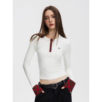 SEGI 2024秋季新款格纹格子拼接针织打底衫女设计感内搭长袖上衣