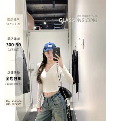 YUYUREALfirst sight短款v领针织衫女秋季修身内搭打底衫长袖上衣