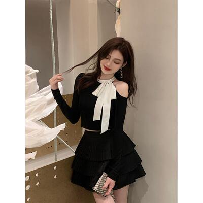 EUSKY IIWAN 黑色露肩上衣女设计感小众短款修身蝴蝶结长袖针织衫