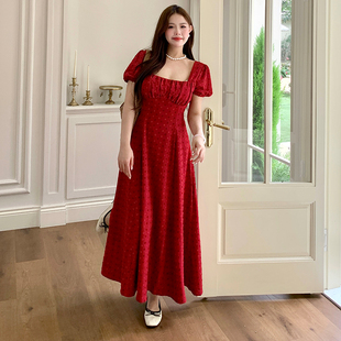 大码女装法式夏日绝美红色连衣裙海边度假风长裙胖mm显瘦伞裙2085