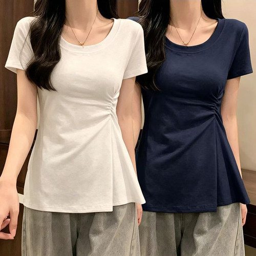 大码女装褶皱正肩短袖t恤女夏季