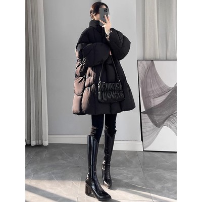 A字版黑色羽绒棉服女2025年新款冬季超好看今年爆款小个子中长款