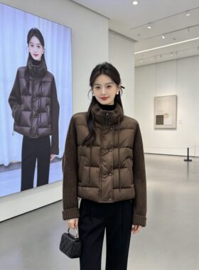 女士假两件拼接棉衣针织袖短款立领宽松显瘦秋冬百搭保暖棉服