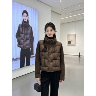女士假两件拼接棉衣针织袖短款立领宽松显瘦秋冬百搭保暖棉服