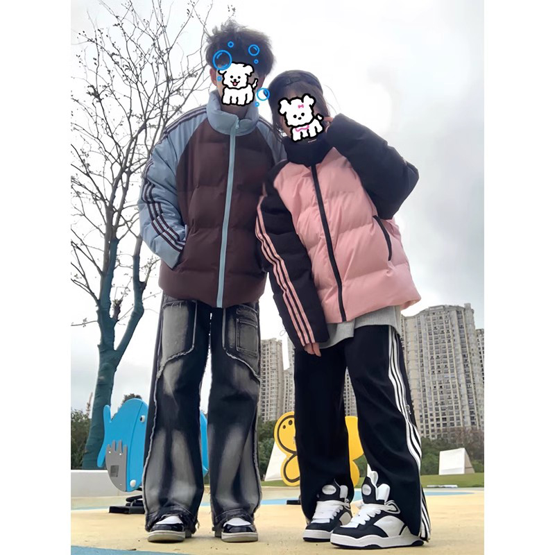 ins甜美可爱撞色拼接棉服女冬季新款小个子国潮学院风情侣面包服