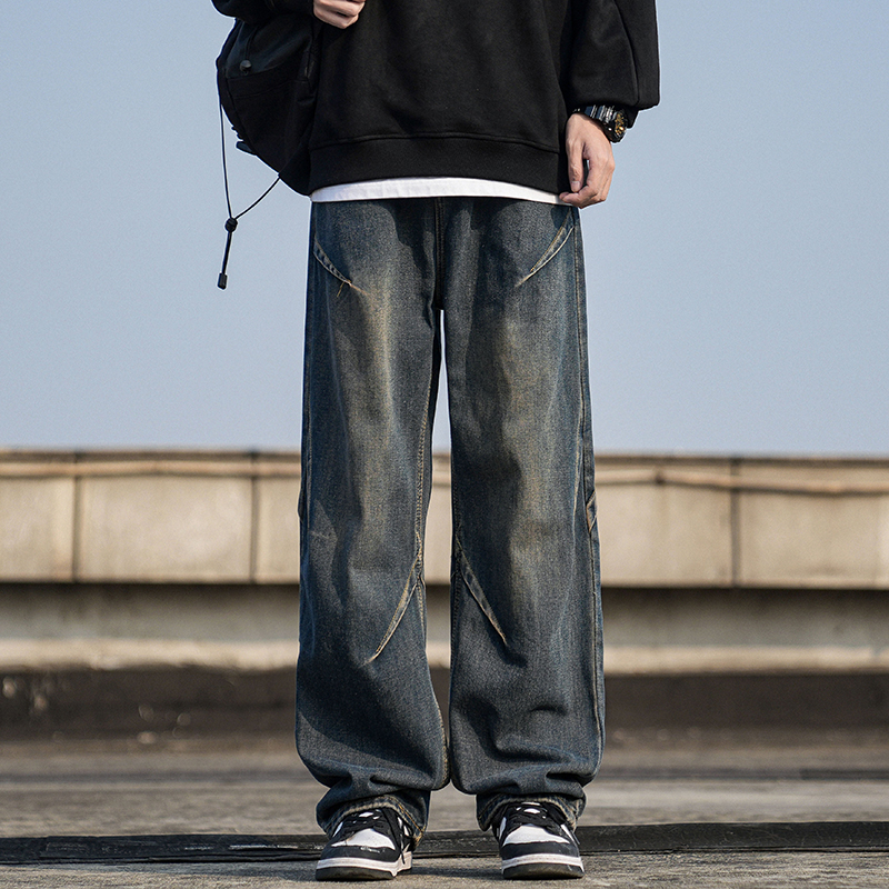 wassup潮牌复古秋冬牛仔裤男士高街宽松阔腿裤子美式休闲直筒长裤