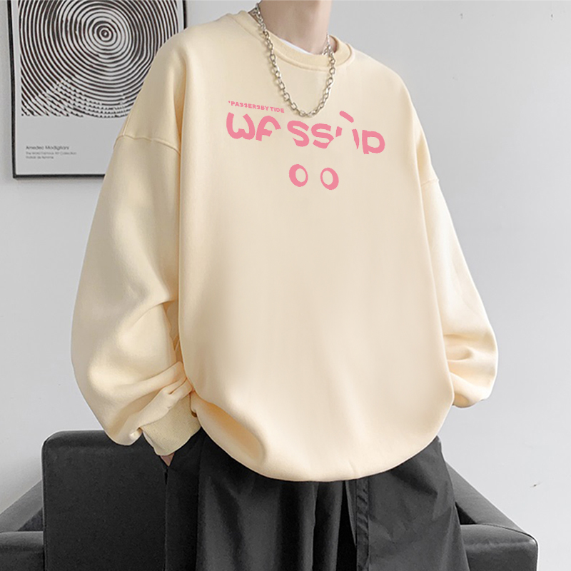 WASSUP潮牌新品杏色白色加绒圆领卫衣男女生情侣款重磅休闲美式潮
