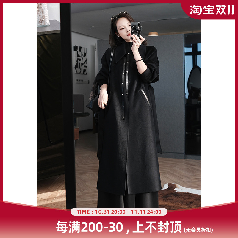 美洋MEIYANG 赫本羊绒大衣 真丝混纺|摩登大气_拼皮直筒长款外套