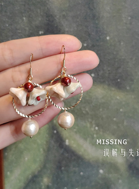 奶油小铃铛~【好运降铃】Missing原创设计珍珠红果子串珠耳饰耳夹