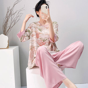 棉绸睡衣女夏季2026新款短袖长裤人造棉两件套中年妈妈外穿睡衣夏
