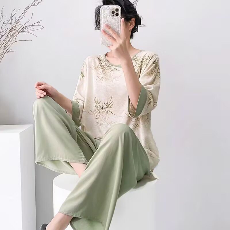新款棉绸睡衣女夏季中袖薄款人造棉外穿家居服中老年新中式女睡衣