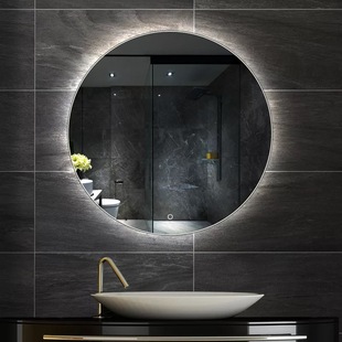 北欧简约挂壁式 品石之匠心 圆形镜子浴室洗手盆镜化妆镜铁艺LED新