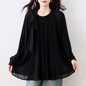 九月陌墨褶皱肌理感蝴蝶结系带衬衫 上衣 气质大码 女长袖 春秋新款