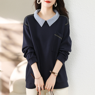 长袖 九月陌墨POLO领假两件卫衣女春秋季 时尚 宽松大码 上衣 2023新款