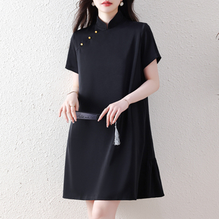 九月陌墨新中式 黑色连衣裙夏女赫本风气质改良旗袍宽松显瘦小黑裙
