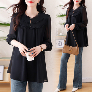 胖妹妹复古显瘦遮肚衬衫 九月墨陌大码 宽松百搭减龄雪纺上衣女秋季