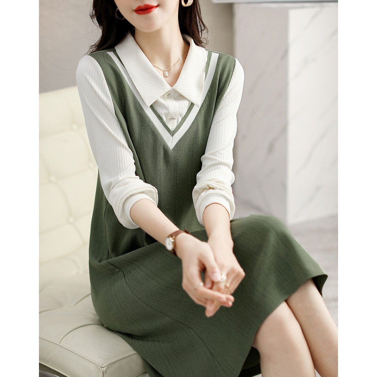 韩版长袖中长款常规拼接